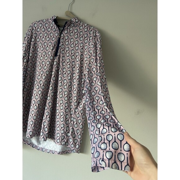 SanSoleil UPF 50+ 1/4 Zip Top with a Pink and Navy Racket Print Size Large Golf - Picture 4 of 9